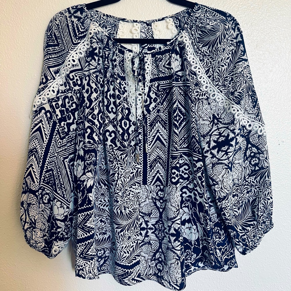 Alice & Trixie 100% Silk Navy Blue and White Blouse